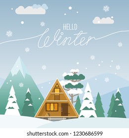 Hello winter. Tiny house in winter forest. Vector illustration