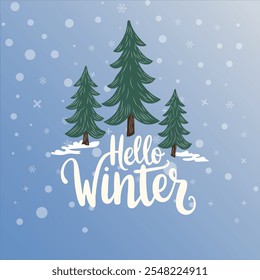 Hello winter with tree banner, Christmas vector illustration with "Hello Winter" lettering.