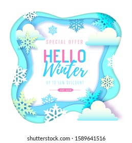 Hello Winter typography poster with snowflakes and clouds. Cut out paper art style design