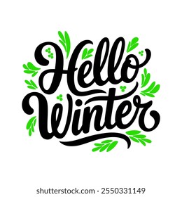 Hello Winter typography vector illustration with snowflake and winter elements for welcoming winter season.