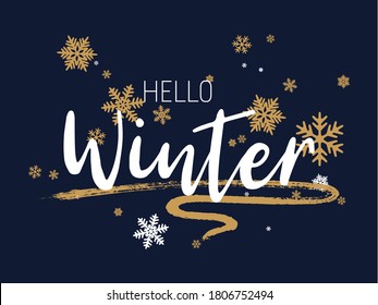 Hello winter typography vector poster graphic design. Handwritten hello winter text, greeting card social media post template with lettering, brush stroke wavy line and snowflakes.Seasonal banner.