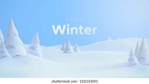 Hello Winter. Vector 3d illustration. Winter landscape with snowdrifts and snowy fir trees. Seasonal nature background. Frosty snow hills. Season decoration