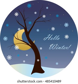 Hello Winter! Vector abstract illustration of decorative Japanese cherry tree - sakura without leaves against crescent moon, stars and snowflakes. Oriental round poster. Asia concept. Eps 8.