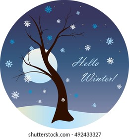 Hello Winter! Vector abstract illustration of decorative Japanese cherry tree - sakura without leaves against full moon, stars and snowflakes. Oriental round poster. Asia concept. Eps 8.