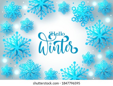 Hello winter vector background design. Hello winter text with snow flakes element with white empty space for greeting messages for winter holiday season design. Vector illustration 