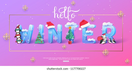 Hello Winter vector banner template with 3d ice letters and Santa Claus