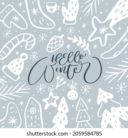 Hello Winter vector calligraphic lettering text and xmas doodle scandinavian elements. Greeting card for winter holidays Merry Christmas and Happy New Year.