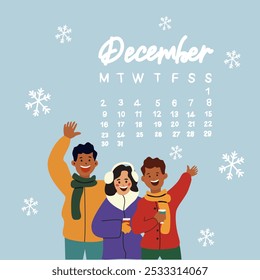 Hola invierno. Vector acogedor Calendario diciembre 2025. Inscripción manuscrita del mes. Navidades tradicionales y Elementos de Vector plano de año Nuevo. Ilustración de Navidades
