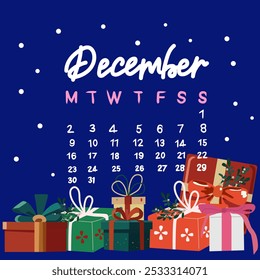 Hello winter. Vector cozy December 2025 calendar. Handwritten inscription of the month. Traditional Christmas and New Year flat vector elements. Christmas illustration