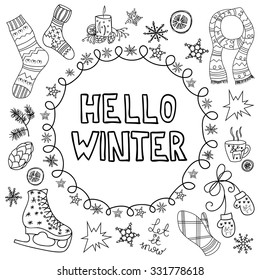 Hello winter. Vector doodle frame & winter symbols.