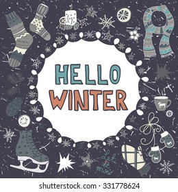 Hello winter. Vector doodle frame & winter symbols.