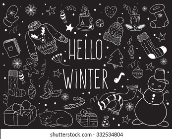 Hello Winter. Vector Doodle Winter Symbols.