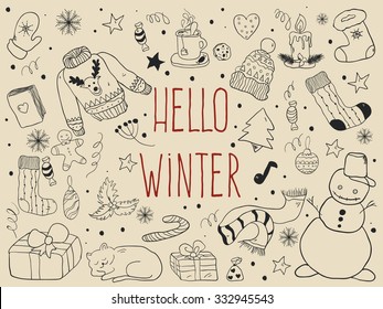 Hello winter. Vector doodle winter symbols.