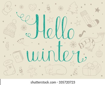 Hello winter. Vector doodle winter symbols.