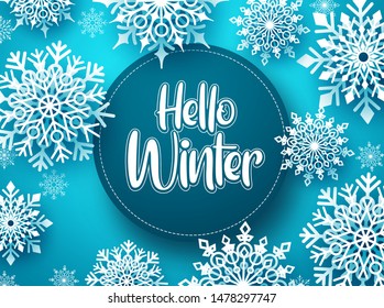 Hello winter vector greeting banner template. Snowflakes with hello winter text and space for message in blue background design. Vector Illustration.