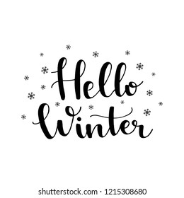 Hello Winter. Vector hand drawn illustration. Winter lettering with snowflackes