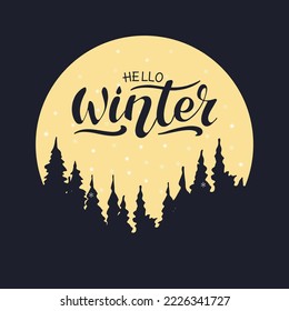Hello winter vector hand lettering. Blue letters in a  gold circle with snowflakes and trees on the blue background. Vector illustration style calligraphy. Typography winter holidays. Christmas.