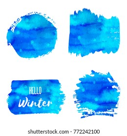 Hello Winter. Vector hand paint blue watercolor texture with snowflakes isolated on white background. Ink dry brush stains, strokes, splash, smudge. Merry Christmas and Happy New Year poster design.