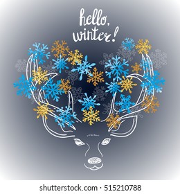 Hello winter vector illustration. Christmas and New Years card design with cute deer and  snowflakes.