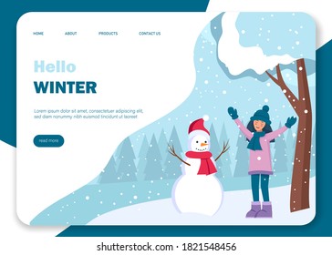 Hello winter. Vector illustration of girl and snowman