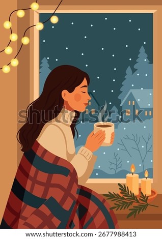 Hello winter. Winter vector illustration girl, woman, wrapped in blanket and enjoying hot drink by the window on snowy evening. Perfect for cozy winter content, winter designs, social media posts