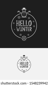 Hello winter. Vector illustration with hand lettering. Modern brush pen calligraphy and hand drawn snowflake with bright blue texture isolated on white background. Seasonal card, banner, poster design
