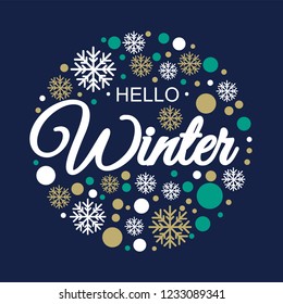 Hello winter. Vector illustration. Lettering. Calligraphy. Winter logos and emblems for invitation, t-shirt, prints. Hello winter black written inscription with snowflakes on white background.