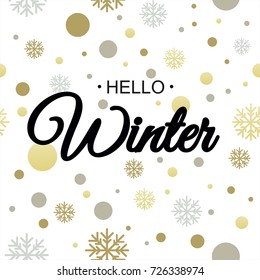 Hello winter. Vector illustration. Lettering. Calligraphy. Winter logos and emblems for invitation, t-shirt, prints. Hello winter black written inscription with snowflakes on white background