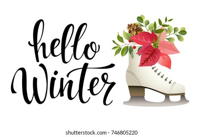 Hello winter. Vector illustration. Lettering. Calligraphy. Winter logos and emblems for invitation, banner, prints. Hello winter black written inscription with ice skate on white background