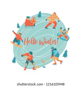 Hello winter. Vector illustration, postcards. People at the rink playing hockey, skating, sledding, snowboarding, snowboarding. Dad carries a child on a sled.