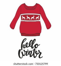 Hello winter. Vector illustration with a red pullover for design and print. Postcard, banner, poster, cover