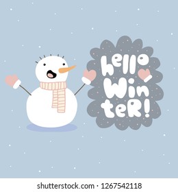 Hello winter vector illustration with snowman