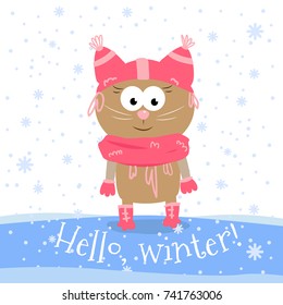 Hello winter. Vector kitten in winter clothes