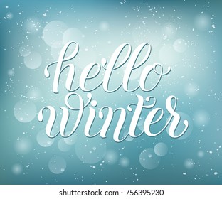 Hello Winter vector lettering illustration. Perfect for logos, emblems, invitation, greeting card, t-shirt, prints and posters. Hand drawn winter inspiration phrase. 