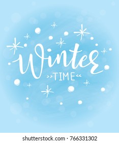 'Hello Winter' vector poster template. Hand written lettering, sparkling typography. Blue christmas sky.