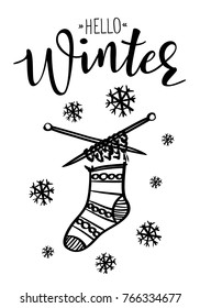 'Hello Winter' vector poster template with knitted sock. Hand written lettering, sparkling typography. 