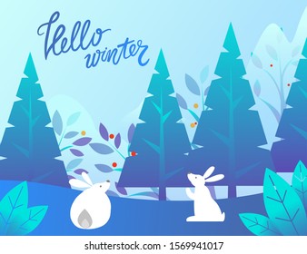 Hello winter vector, rabbits with long ears in pine tree forest. Landscape with foliage and spruce, snowy hills and bushes. Bunnies on nature, cute animals playing outdoors. Flat style greeting card