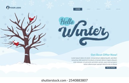 Hello WINTER. Winter  Web Page landing design vector with snowflakes, hearts of love . Illustration welcome winter inspiration 