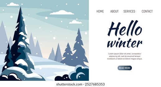 Hallo Winter-Webseite. Winterlandschaft mit schneebedeckten Tannen