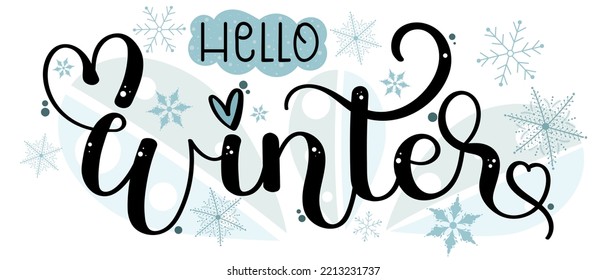 Hello WINTER. Winter wonderland background design vector with snowflakes, hearts of love and leaves blue. Illustration welcome winter inspiration