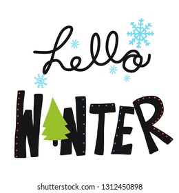 Hello winter word and Christmas tree lettering vector illustration