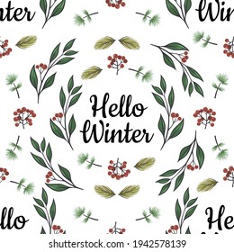 Hello, winter wreath seamless background. Hand-drawn Christmas botanical wreath. Handwritten Christmas greeting.