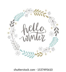 Hello winter wreath vector illustration. Hand drawn christmas botanical wreath. Greeting card, stationery, poster design. 