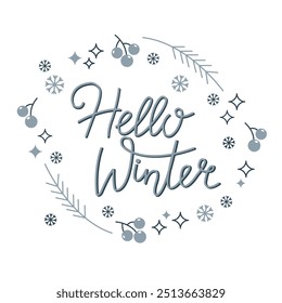 Hello winter wreath vector illustration. Hand drawn doodle Christmas wreath. Greeting card, stationery, poster design.