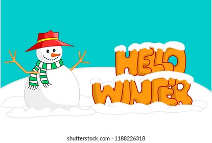 
Hello winter writing side by side snow text. Toon character snowman and   drawing cute font. Vector illustration