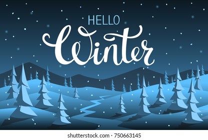 hello winter xmas christmas happy new year seasonal night background with cartoon pine trees, snow and mountain silhouette