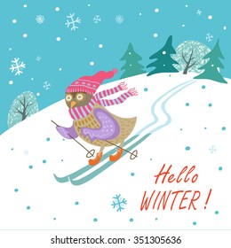 Hello winter,Christmas vector Illustration.Owl skiing, winter sports.