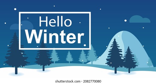 Hello Winter.Winter landscape illustration.Flat design
