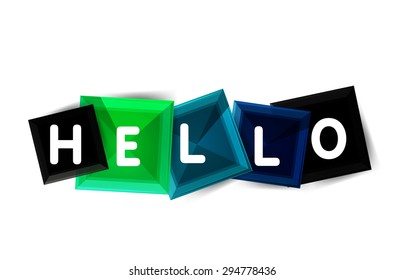 Hallo Wort Button Banner oder Quadrate. Modernes geometrisches Icon-Design einzeln auf Weiß