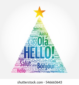 Hello word cloud in different languages of the world, greeting card in the shape of a christmas tree